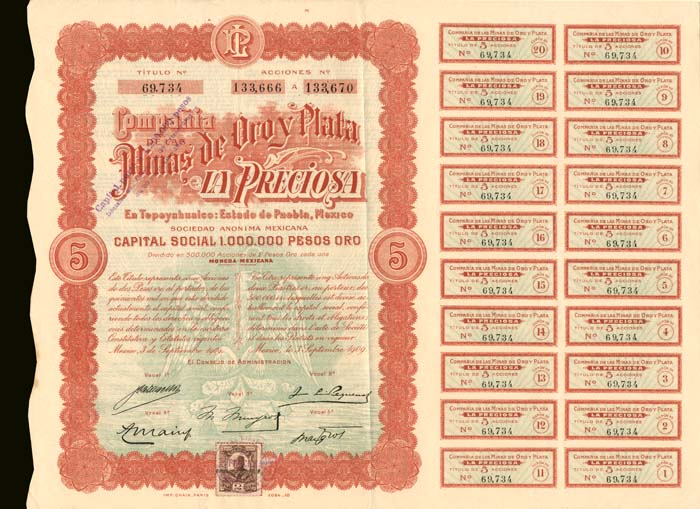 Compania de las Minas de Oro y Plata La Preciosa - Stock Certificate